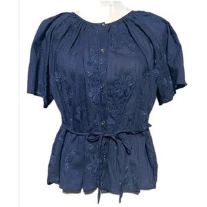 Lucky Brand Navy Blue Embroidered Baby doll Blouse